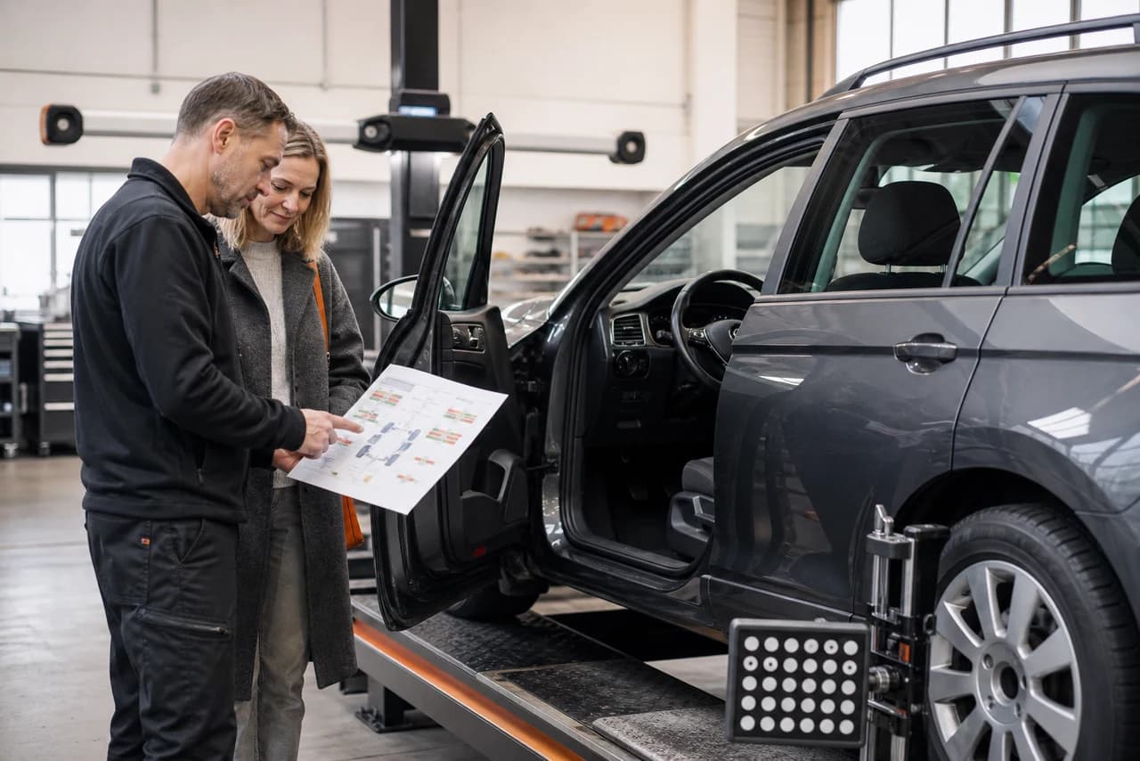 Før- og efterrapport fra firehjulsudmåling gennemgås ved siden af bilen og det centrerede rat