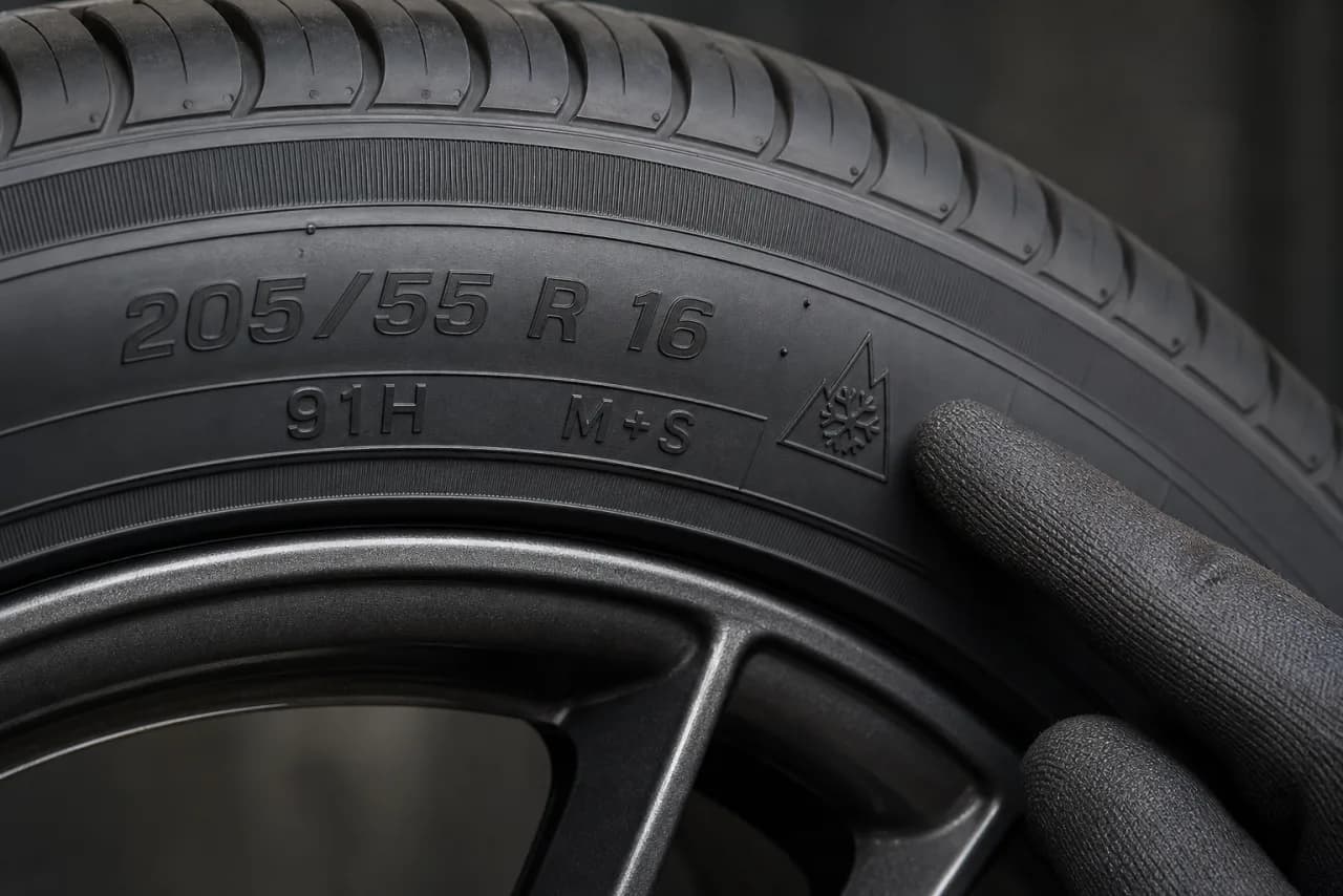 Nærbillede af dækside med størrelsen 205/55 R16, belastningsindeks, M+S og 3PMSF vintermærkning