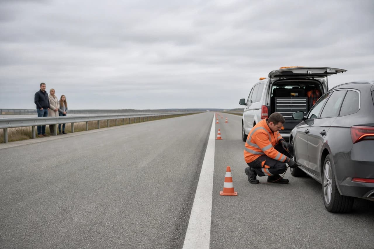 Vejhjælpsbil ankommer til en sikkert placeret personbil mens familien venter bag autoværnet
