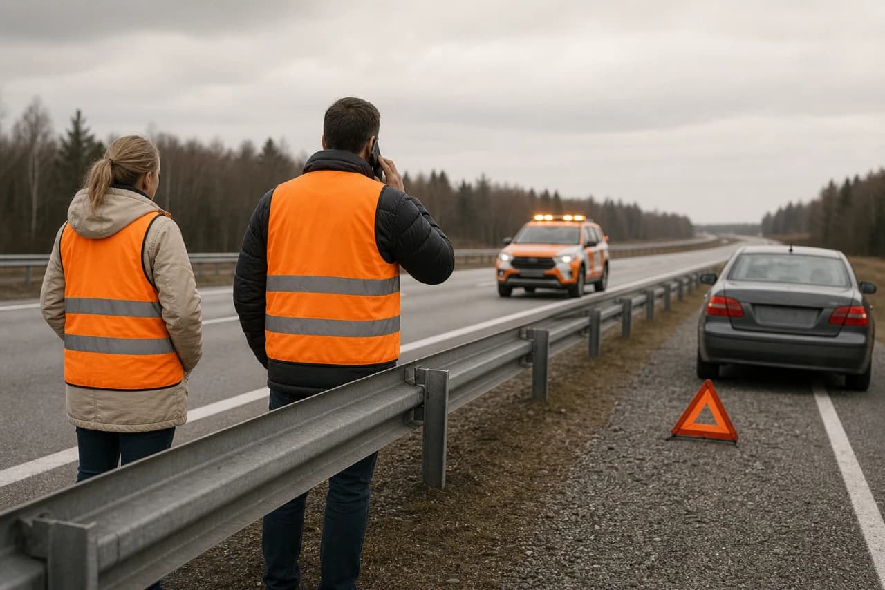 Bilist rekvirerer autohjælp fra sikker position bag motorvejens autoværn med refleksvest