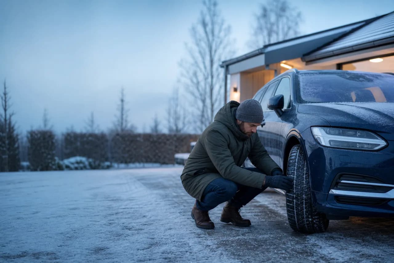 Bilejer undersøger vinterdækket på en mørk familiebil i en dansk indkørsel med let frost og sne