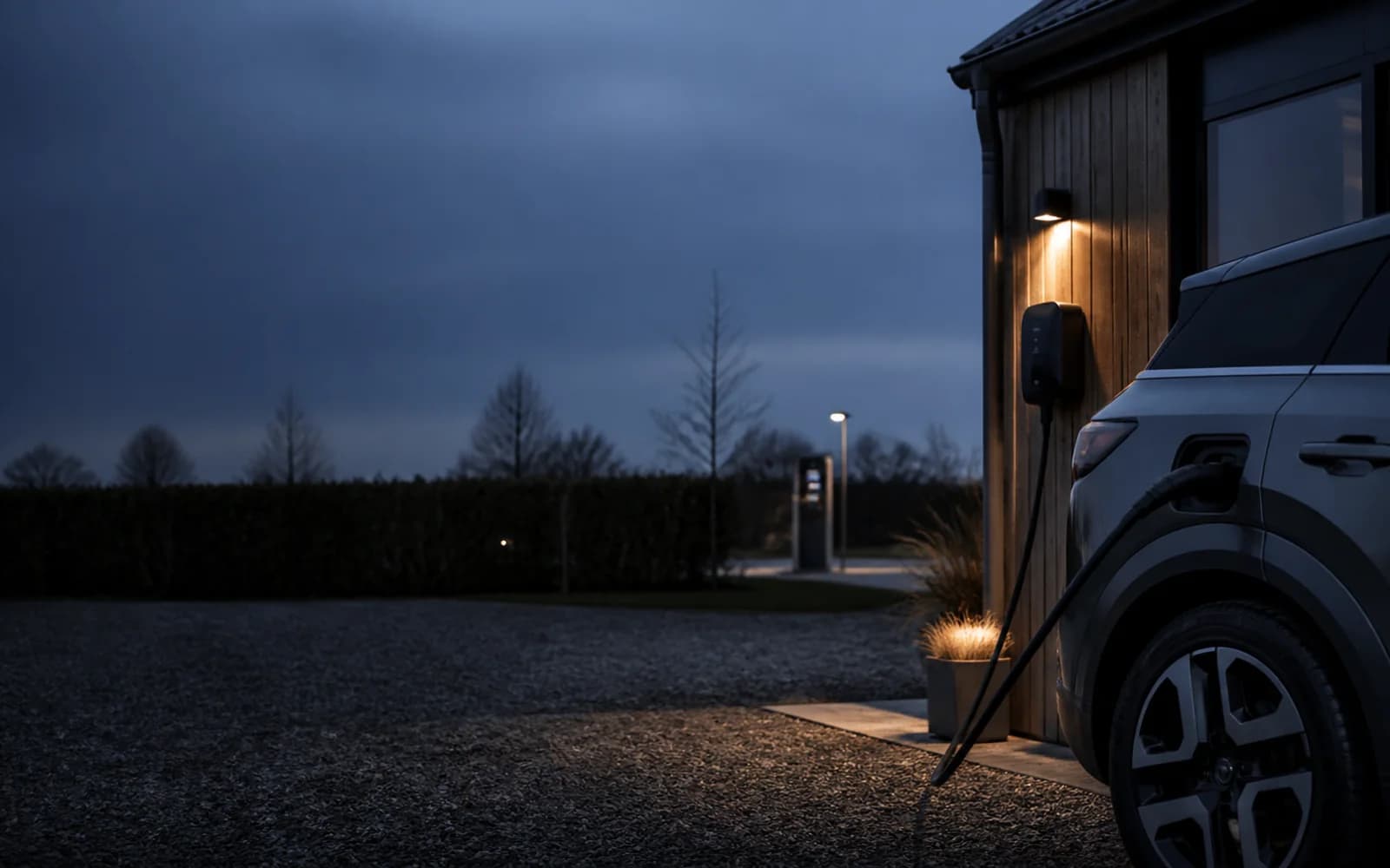 Elbil oplader ved et dansk hjem i skumringen