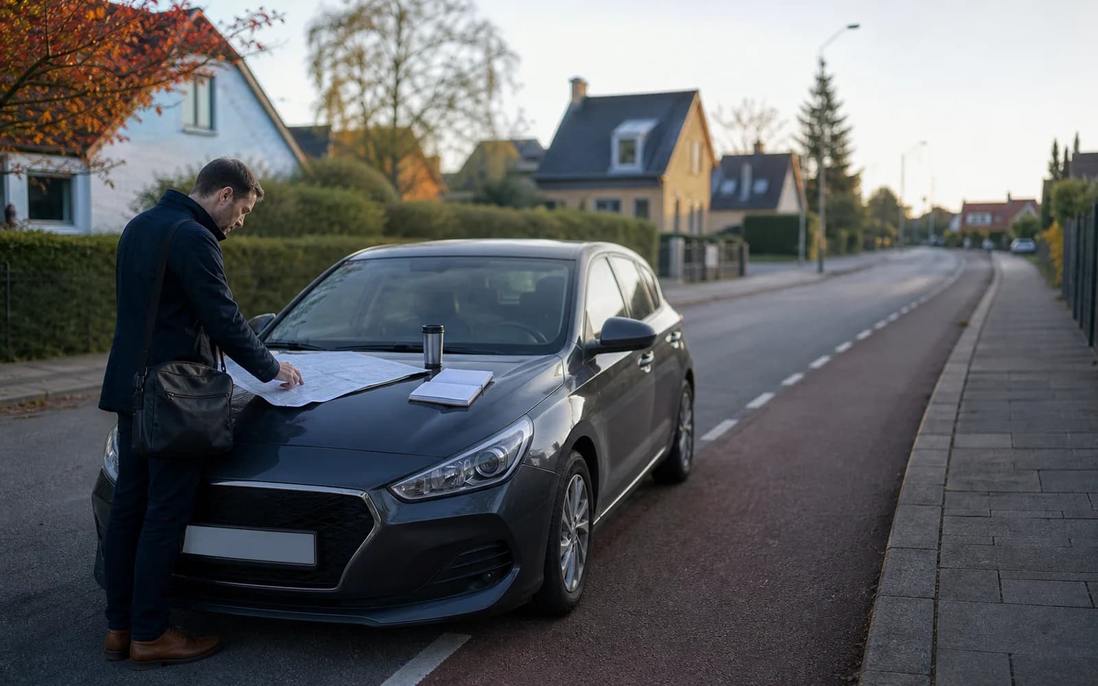 Pendler planlægger arbejdsruten ved sin bil